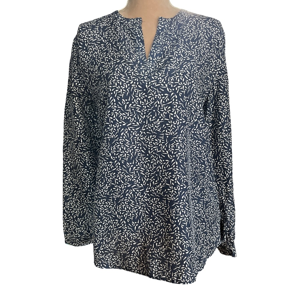 Garnet Hill Navy and White Silk Popover Blouse Size 12